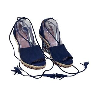 CAbi Womens Isla Sandal Size 8 Navy Suede Woven Espadrille Wedge Platform Tie Up